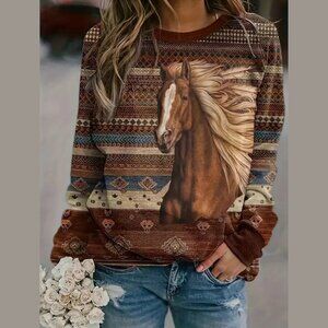 Western Tribal Horse Boho Graphic Long Sleeve Rustic Country Chic Sweater